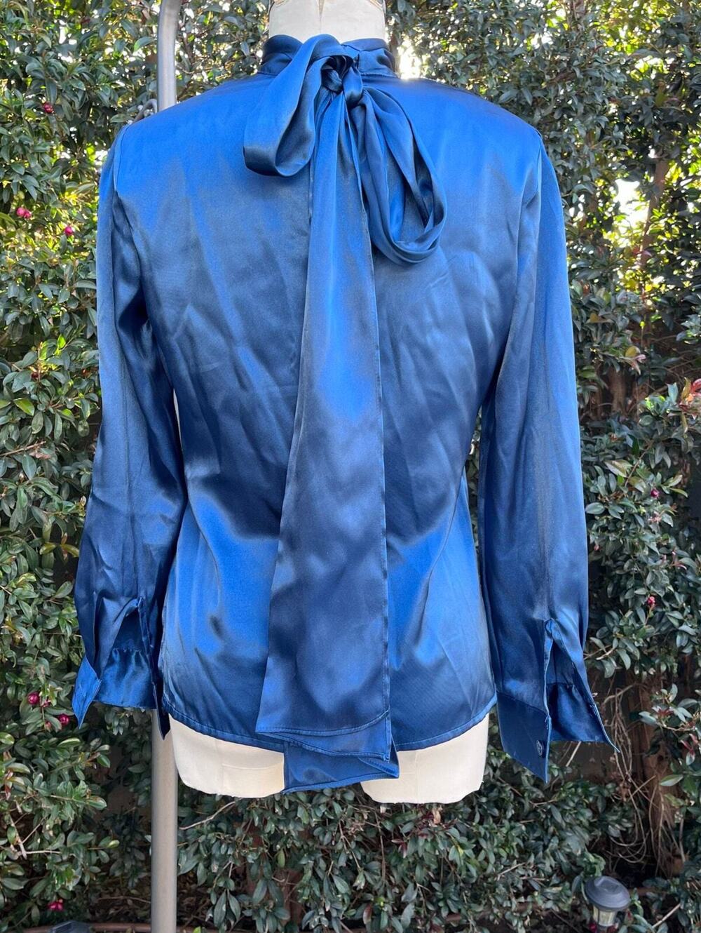 Vintage Liz Baker Satin High Neck Long Sleeve Blue Blouse 8P